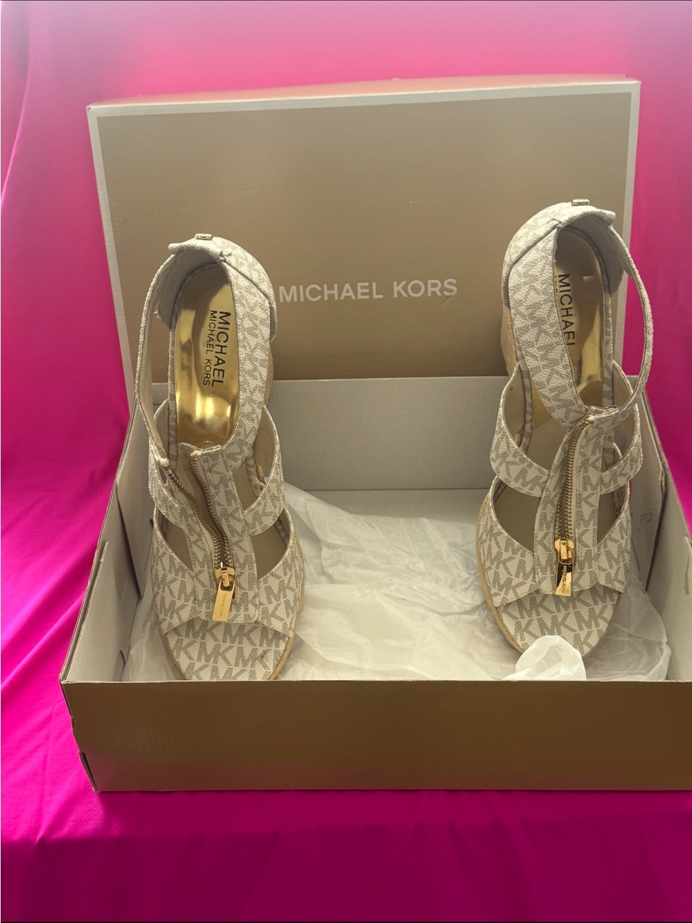 Michael Kors Beige MK Logo Zip-Strap Heels